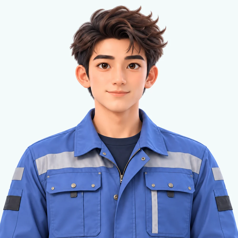 Qiang, the workplace coach, in blue workwear
